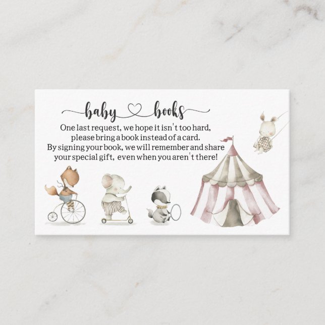 Circus Animals Baby Shower Book request Enclosure Card (Front)