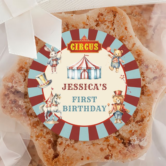 Circus Animals Carnival Birthday Party Classic Round Sticker (Creator Uploaded)