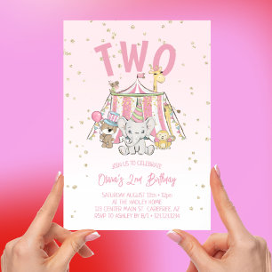 Circus Animals Pink 2nd Birthday Invitation