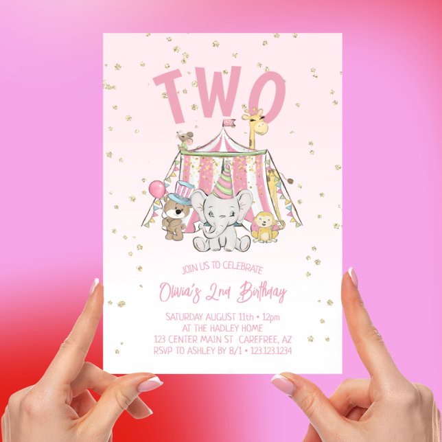 Circus Animals Pink 2nd Birthday Invitation (Creator Uploaded)