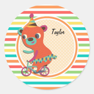 Circus Bear; Bright Rainbow Stripes Classic Round Sticker