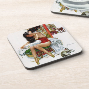 Circus Beauty Vintage Art Christmas Pin-Up Girl Coaster