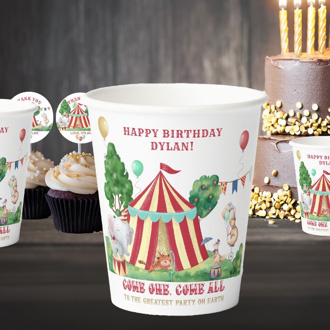 Circus Big Top and Carnival Animals Personalised Paper Cups (Circus Themed Paper Cups personalized for Kids Birthday)