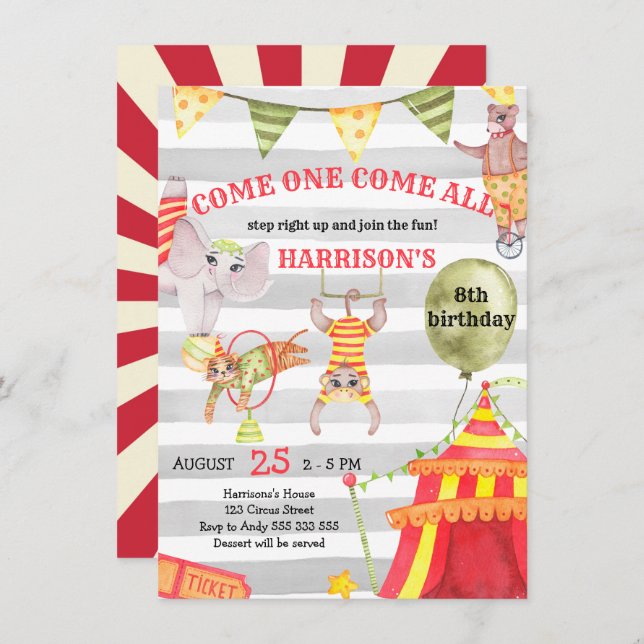 Circus Birthday Carnival Cute Watercolor Kids Invitation (Front/Back)