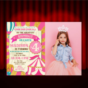 Circus Birthday Invitation Carnival Pink Gold 