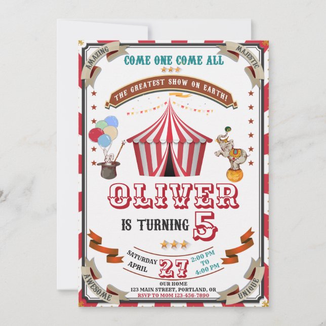 Circus birthday invitation Vintage Carnival kids (Front)