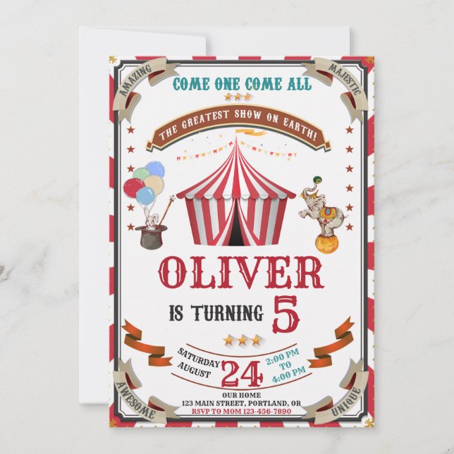 Circus birthday invitation Vintage festival invite (Front)
