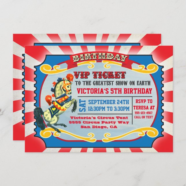 Circus Birthday Party VIP Ticket Invitation (Front/Back)