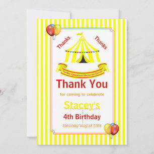 Circus Birthday Party Yellow Thank You Card