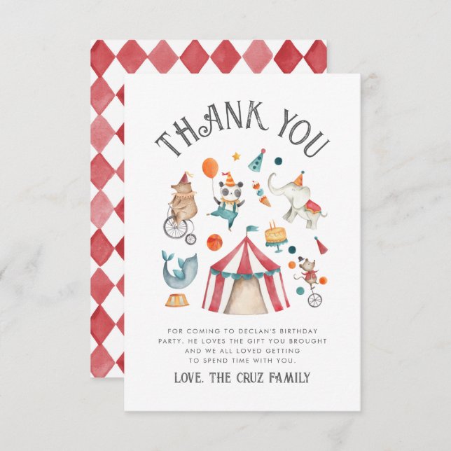 Circus Birthday Thank You Card  (Front/Back)