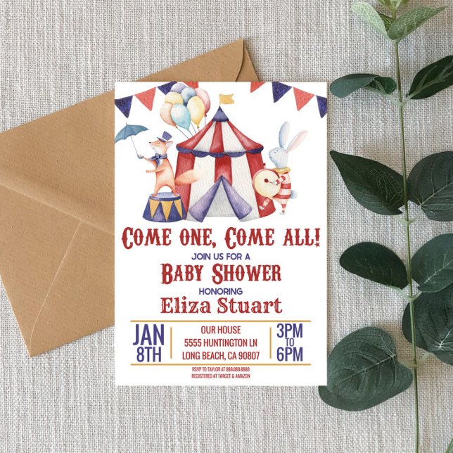Circus Carnival Animal Red Blue Baby Shower  Invitation (Creator Uploaded)