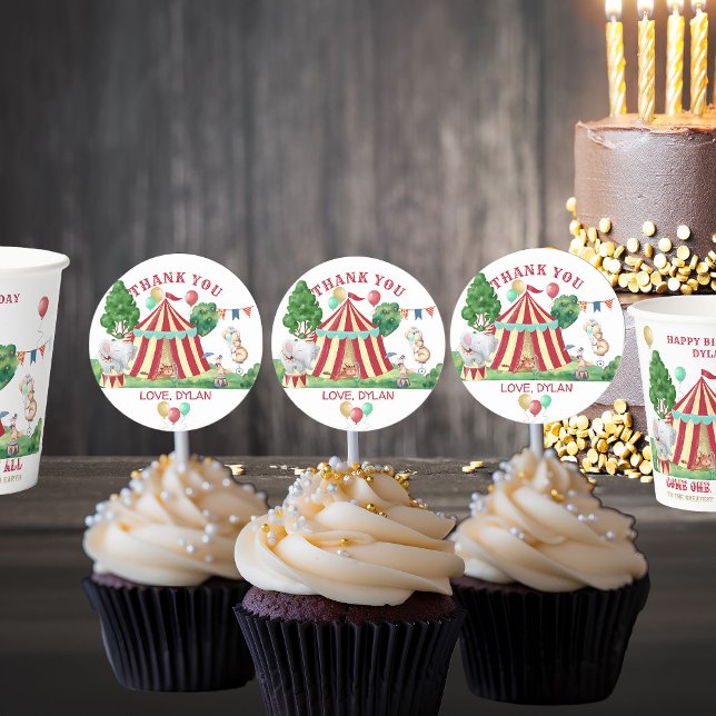 Circus Carnival Animals and Big Top Thank You Classic Round Sticker (Circus Themed Stickers personalized for Kids Birthday)