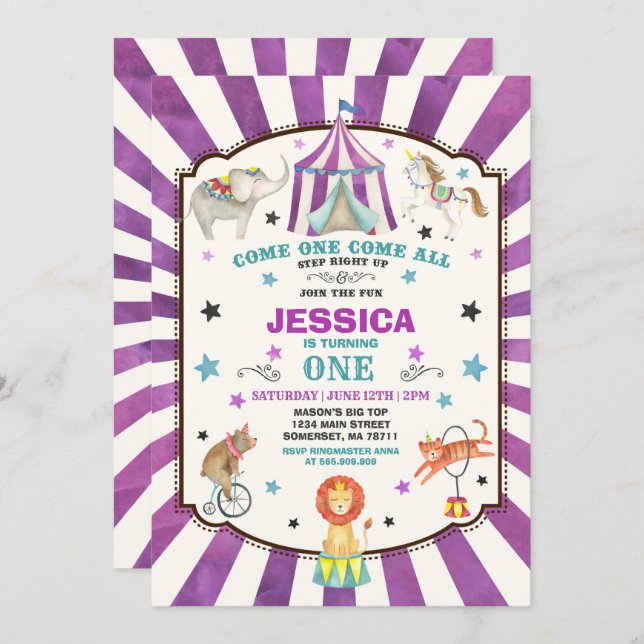 Circus Carnival Birthday Invitation Circus Party (Front/Back)
