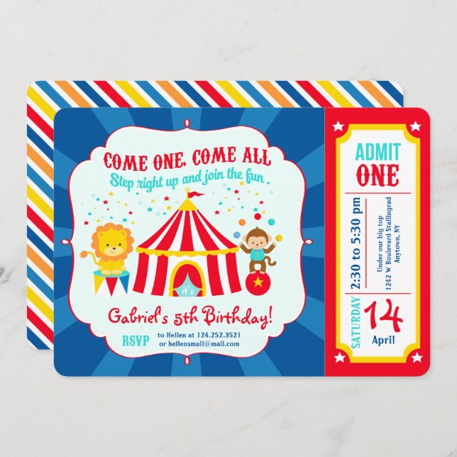 Circus Carnival Birthday Party Ticket Invitation (Front/Back)