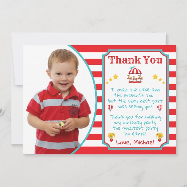 Circus Carnival Birthday Thank You Card With Photo (Front)