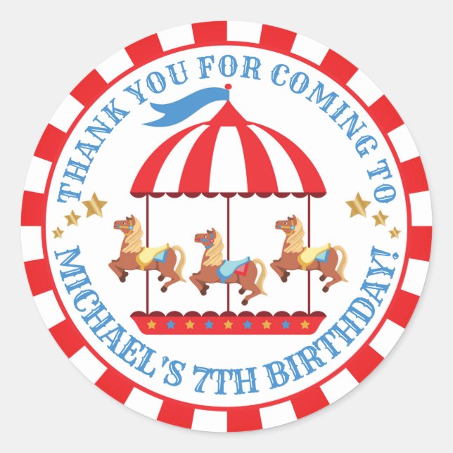 Circus Carnival Birthday Thank You Round Label (Front)