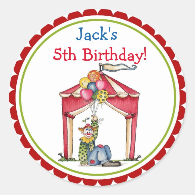 Circus Carnival Clown Birthday Party Favour Sticke Classic Round Sticker (Front)