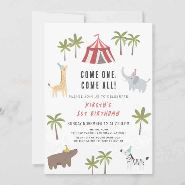 Circus Carnival Party Animals 1st Birthday Invitat Invitation (Front)