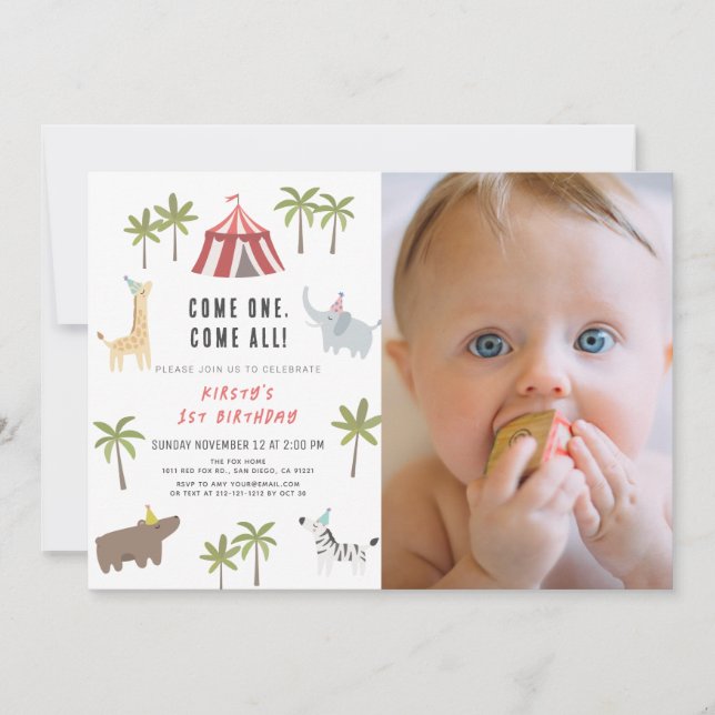 Circus Carnival Party Animals 1st Birthday Photo Invitation (Front)