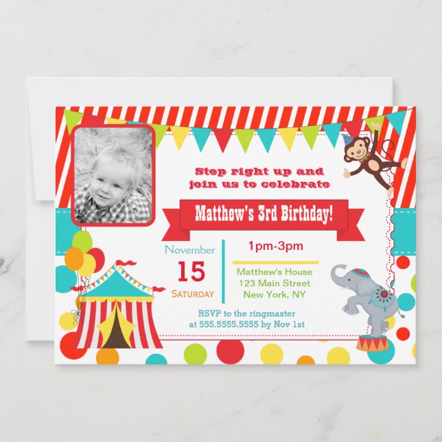 Circus Carnival Photo Birthday Party Invitations (Front)