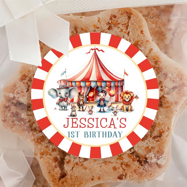 Circus Carnival Show & Animals Birthday Party Classic Round Sticker (Creator Uploaded)