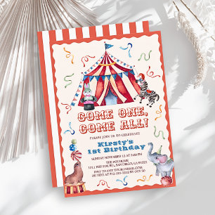 Circus Carnival Tent Animals 1st Birthday Invitation