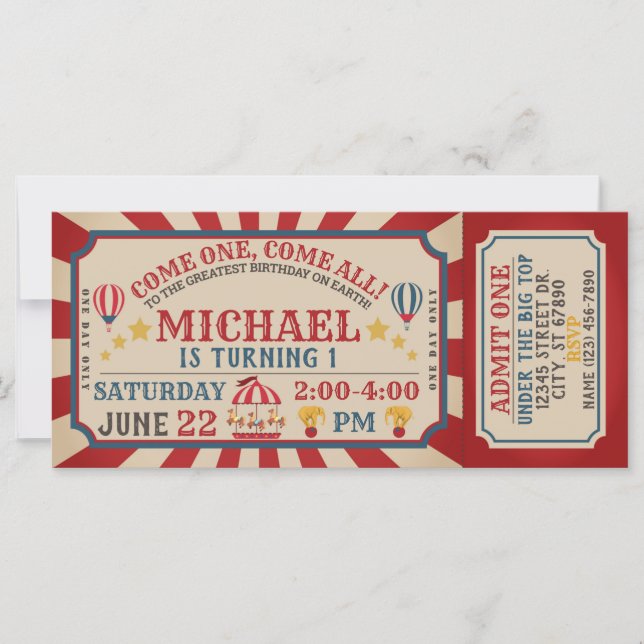 Circus Carnival Ticket Birthday Invitation (Front)