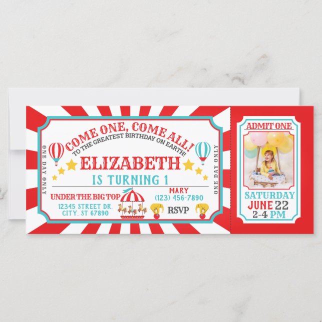 Circus Carnival Ticket Birthday Invitation  (Front)