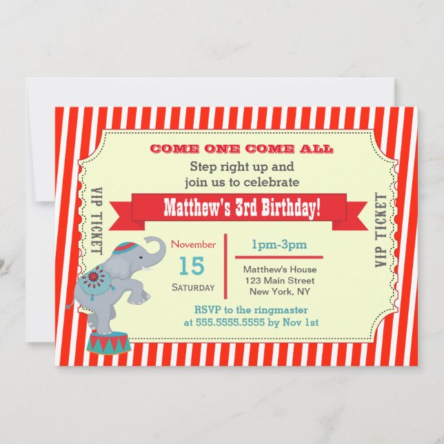 Circus Carnival Ticket Birthday Party Invitations (Front)
