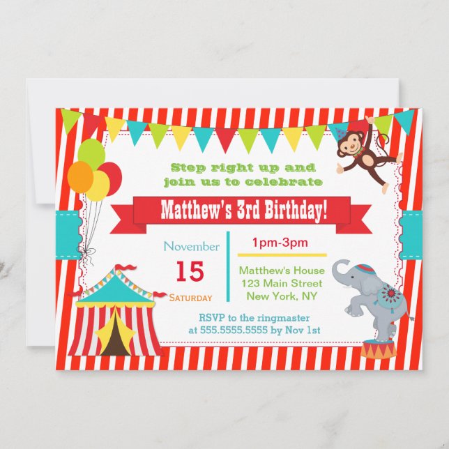 Circus Carnival Ticket Birthday Party Invitations (Front)