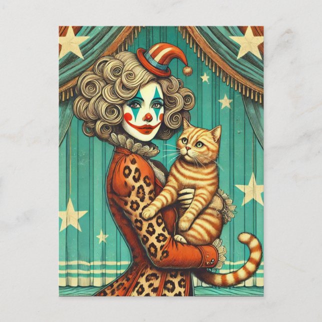 Circus Clown and her Ginger Kitty Postcard (Front)