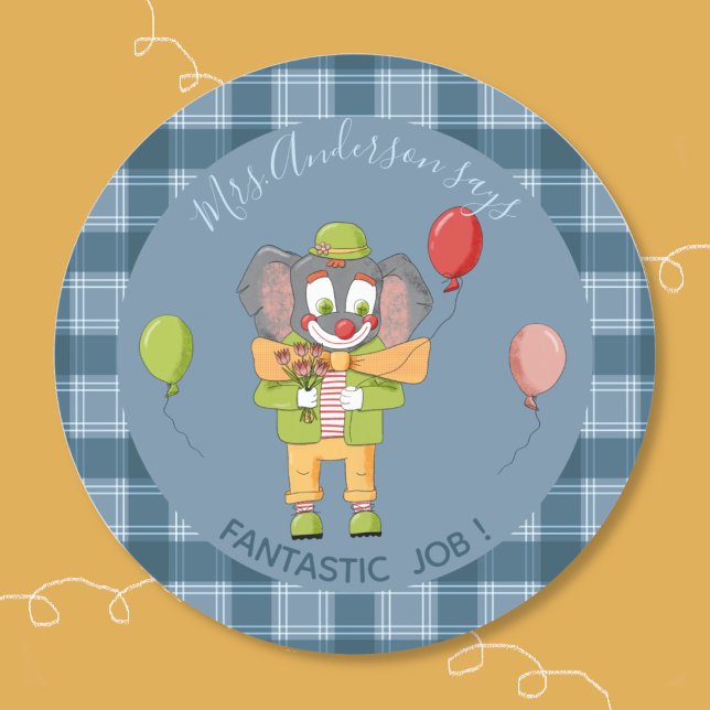 Circus Clown Elephant Student Reward Sticker (Fun student reward sticker with a clown elephant . Personalize it with your text .)