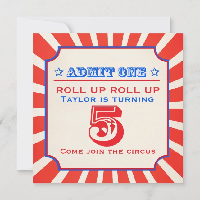 Circus clown fun fair 5th birthday invitation (Front)