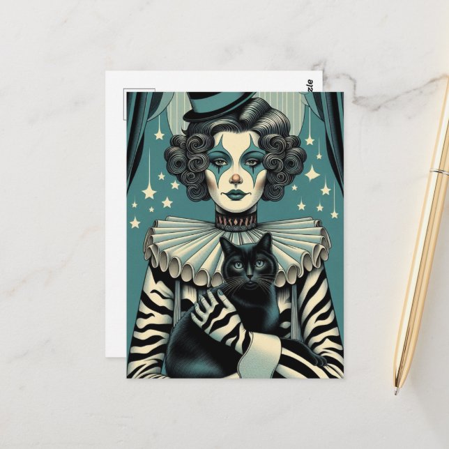 Circus Clown Woman and a black cat Postcard (Front/Back In Situ)