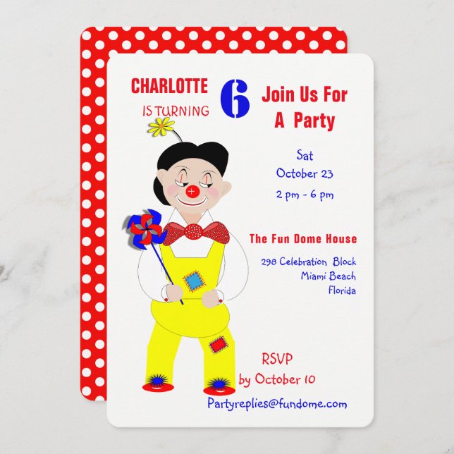 Circus Clowns Fun Kids Birthday Party Editable Invitation (Front/Back)