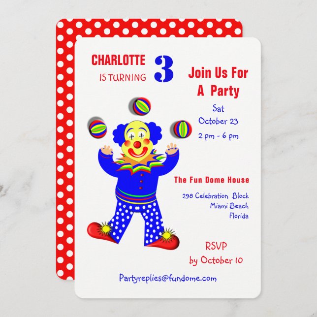 Circus Clowns Fun Kids Birthday Party Editable Invitation (Front/Back)