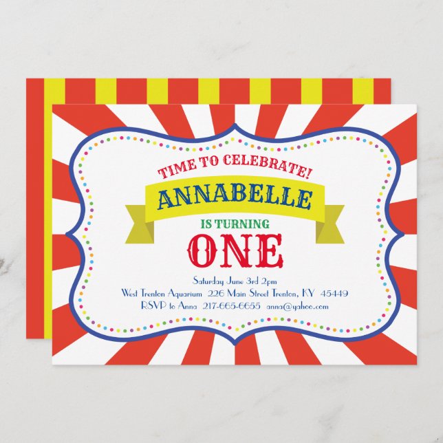 Circus Cute 1st Birthday Invitations (Front/Back)