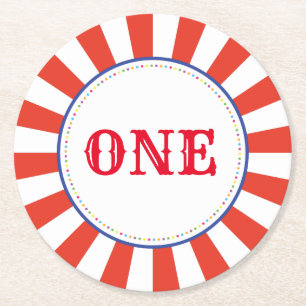 Circus Cute Colourful 1st Birthday Party Theme Round Paper Coaster