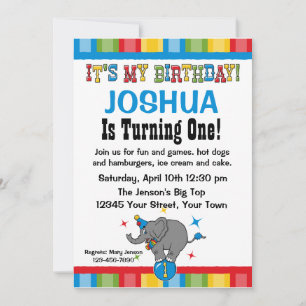 Circus Elephant 1st Birthday Custom Invitations