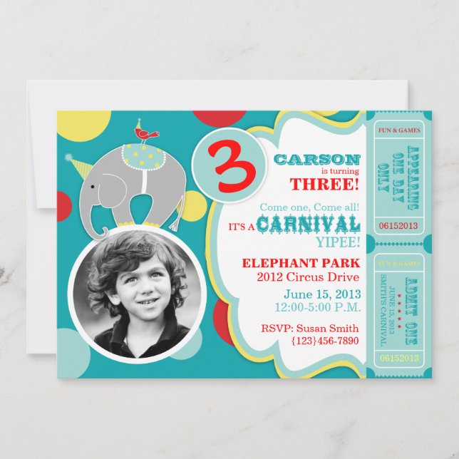 Circus Elephant Birthday Invitation Blue (Front)