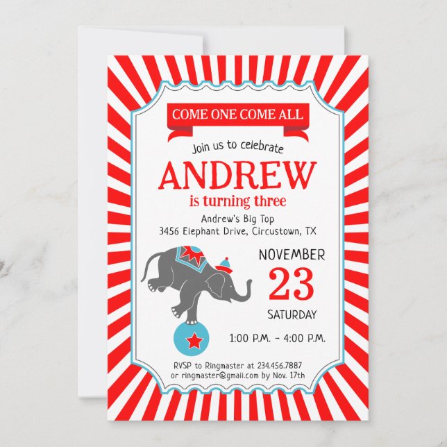 Circus Elephant Birthday Party Invitation (Front)