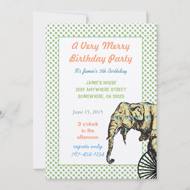 Circus Elephant Birthday Party Invite Green Dots (Front)