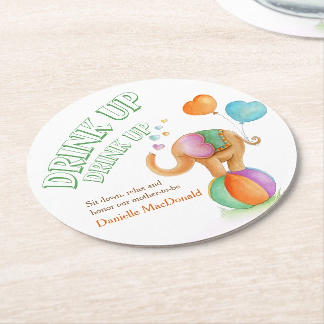 Circus elephant unisex baby shower paper coasters (Angled)