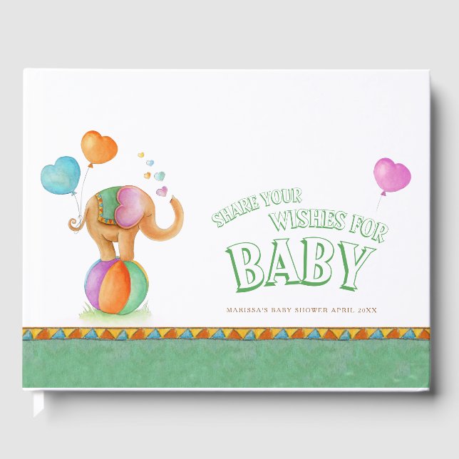 Circus elephant watercolor baby shower green guest book (Front)