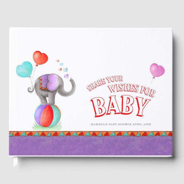 Circus elephant watercolor baby shower purple guest book (Front)
