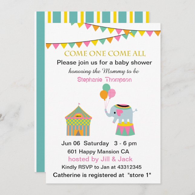 Circus Elephant with Banting Baby Shower Invitation (Front/Back)