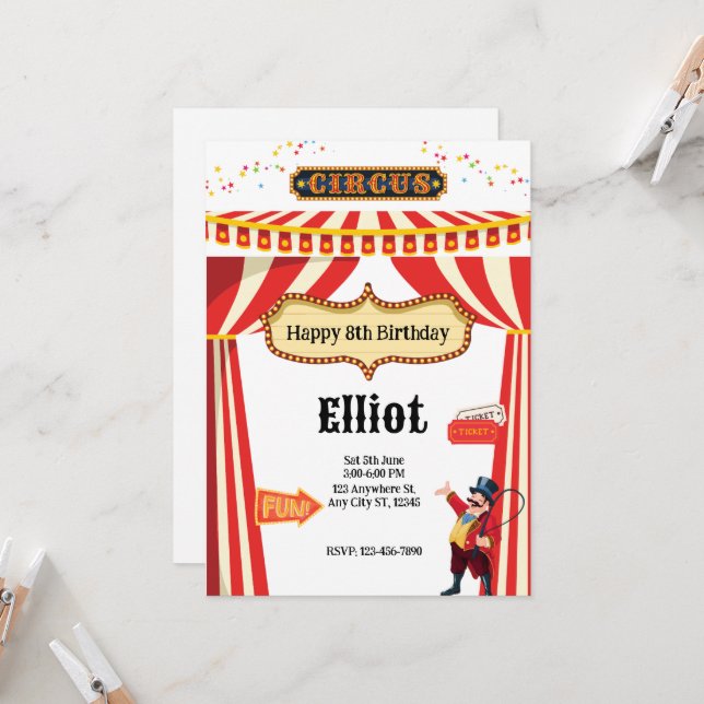 Circus Extravaganza Party Invitation Card (Front/Back In Situ)