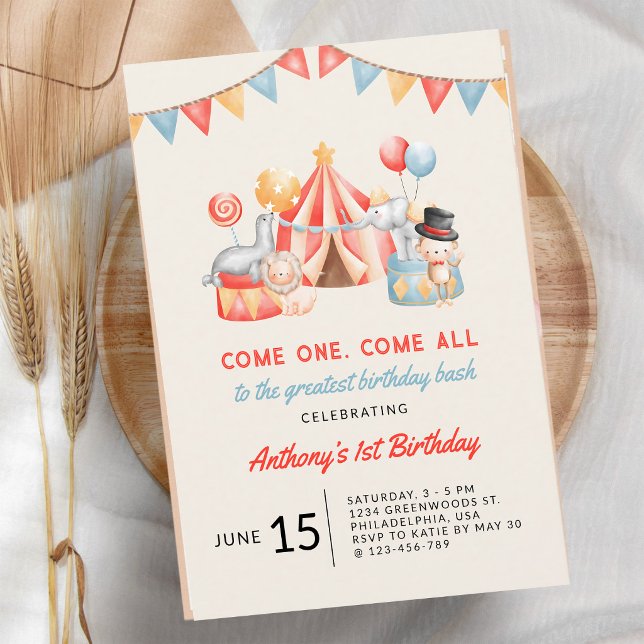 Circus Fiesta First Birthday Modern Cute Invitation (Creator Uploaded)