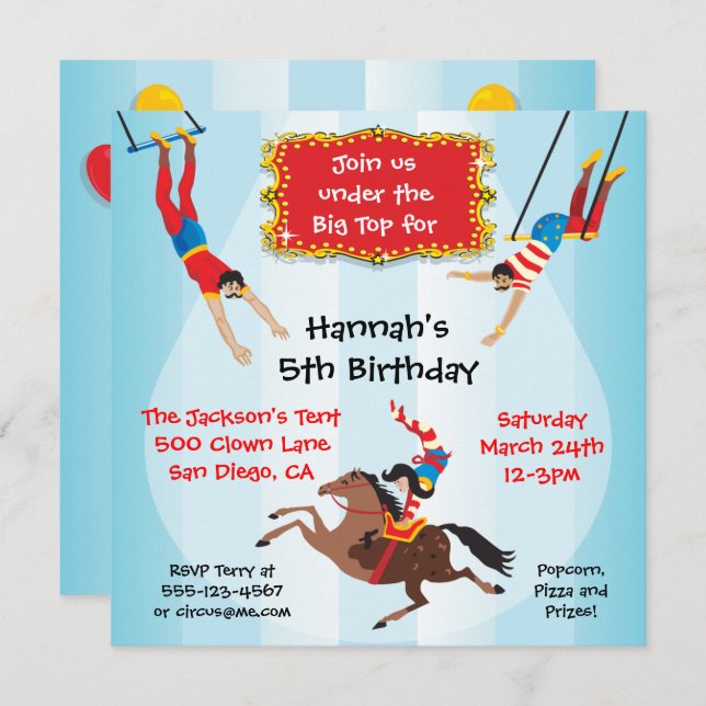 Circus Flying Trapeze Birthday Party Invitation (Front/Back)