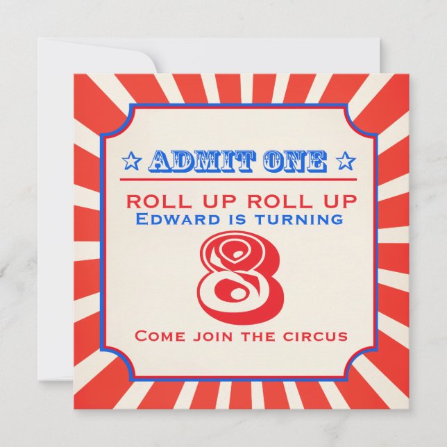 Circus fun fair 8th kids birthday party invitation (Front)